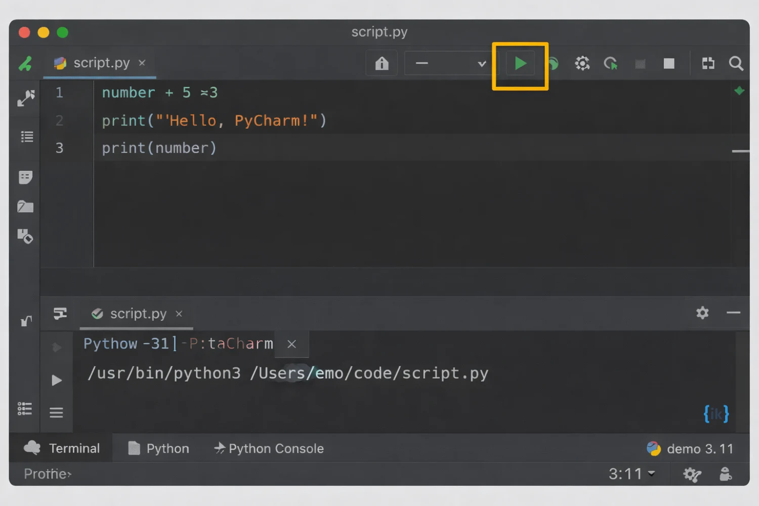 How to run a Python script in PyCharm using the green Run button and a configured interpreter?