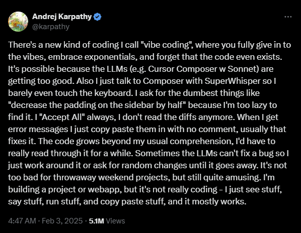 Andrej Karpathy tweet on Vibe Coding