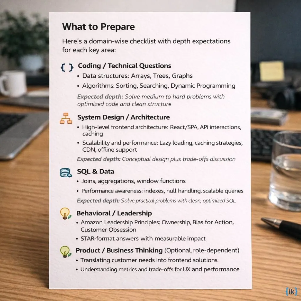 Checklist for Amazon Frontend Engineer Interview covering coding, system design, SQL, leadership, and product thinking.