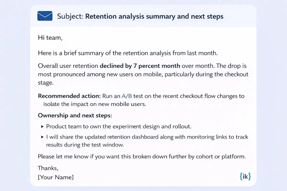 Email template showing how to clearly summarize data analyst technical interview questions and findings.