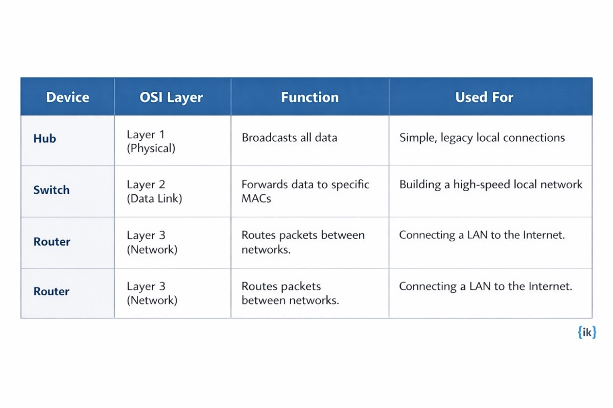 Difference between a hub, a switch, and a router